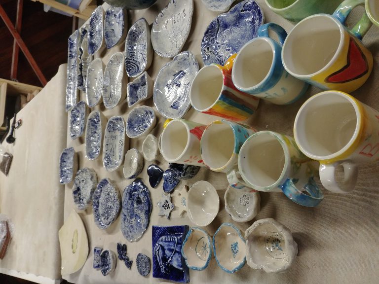 Kids ceramic party mugs painted and oxide coloured bowls