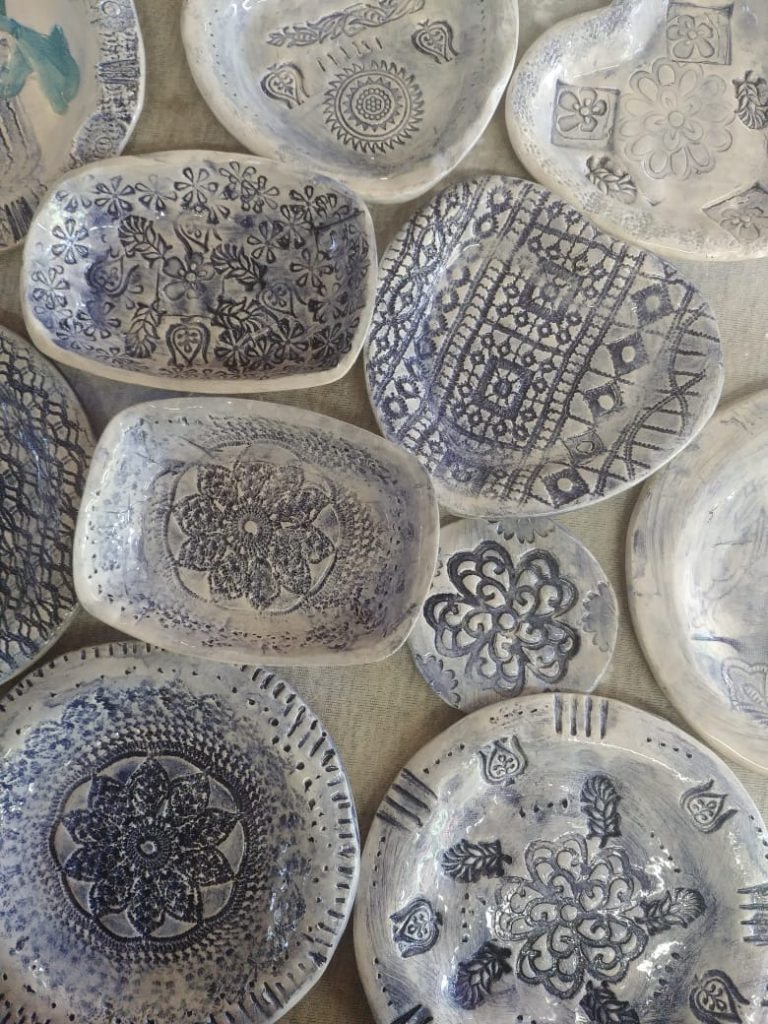 Pottery party, kids ceramics cobalt oxide wash